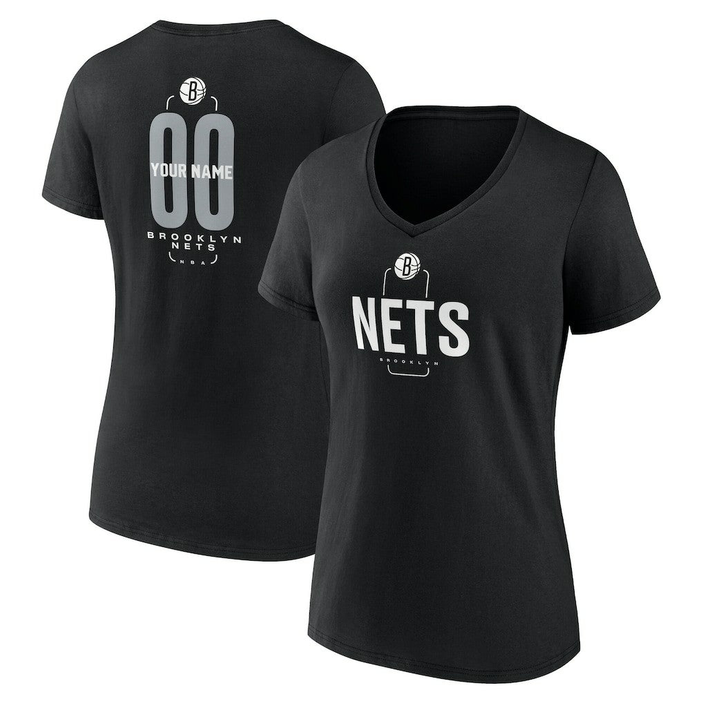 NBA - Brooklyn Nets Women's Center Court Name & Number Custom V-Neck T-Shirt - Black