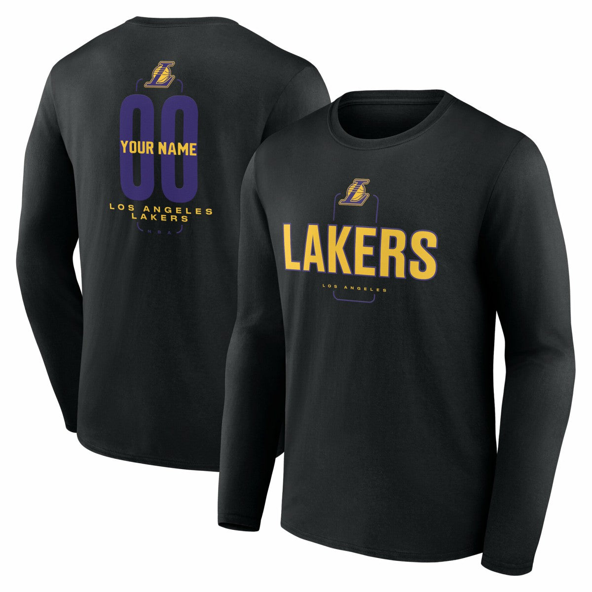 NBA - Los Angeles Lakers Center Court Name & Number Custom Long Sleeve T-Shirt - Black