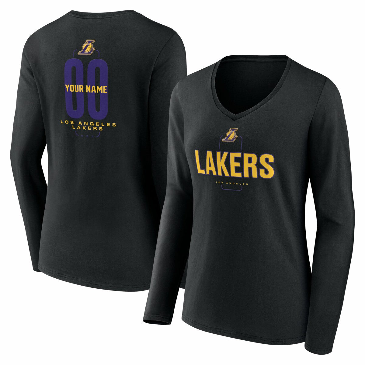 NBA - Los Angeles Lakers Women's Center Court Name & Number Custom Long Sleeve V-Neck T-Shirt - Black