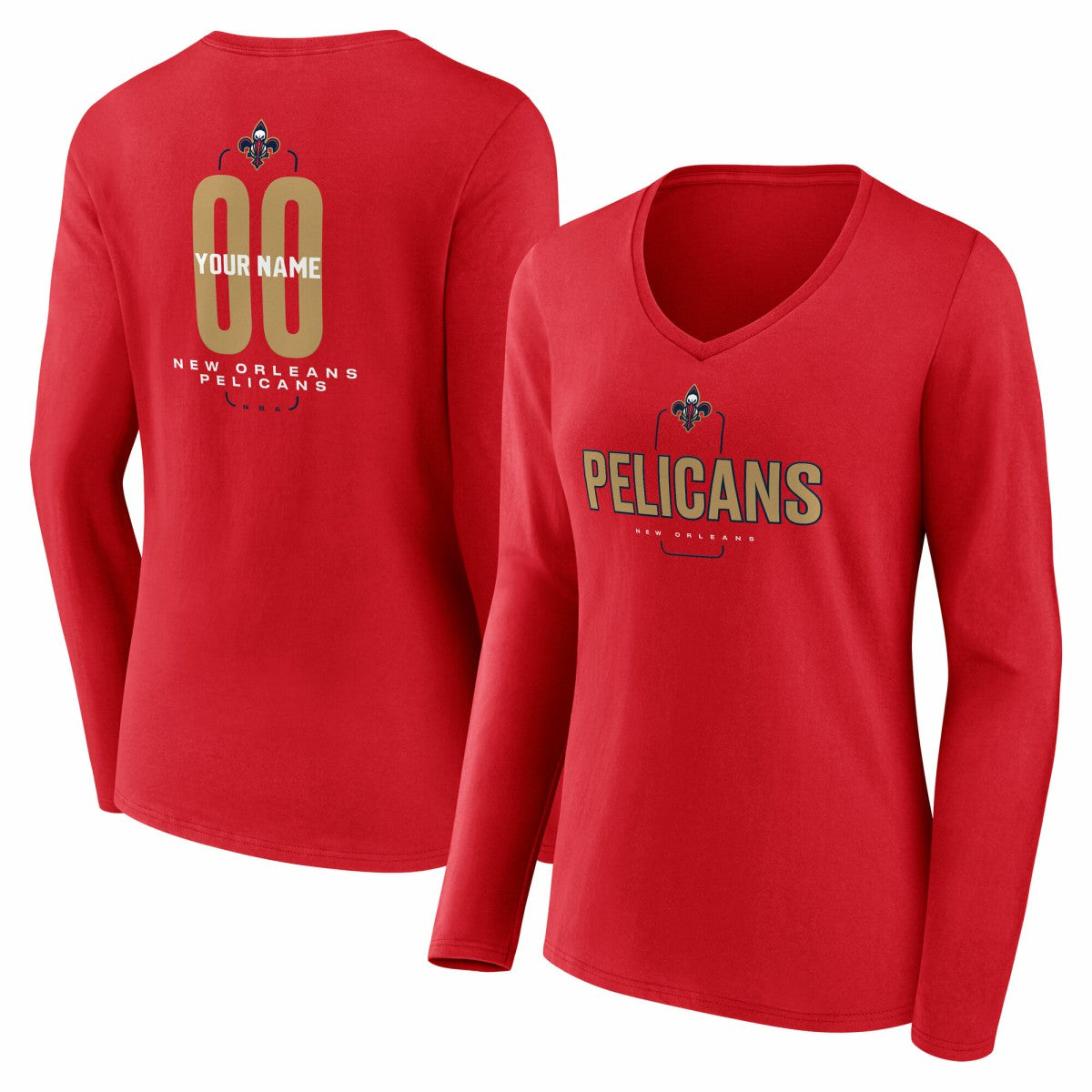 NBA - New Orleans Pelicans Women's Center Court Name & Number Custom Long Sleeve V-Neck T-Shirt - Red