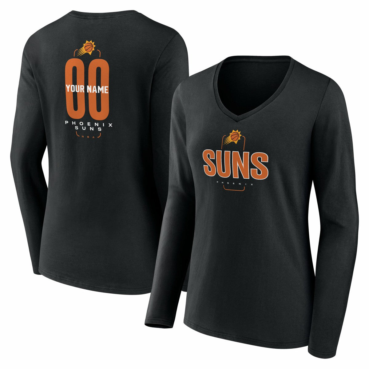 NBA - Phoenix Suns Women's Center Court Name & Number Custom Long Sleeve V-Neck T-Shirt - Black