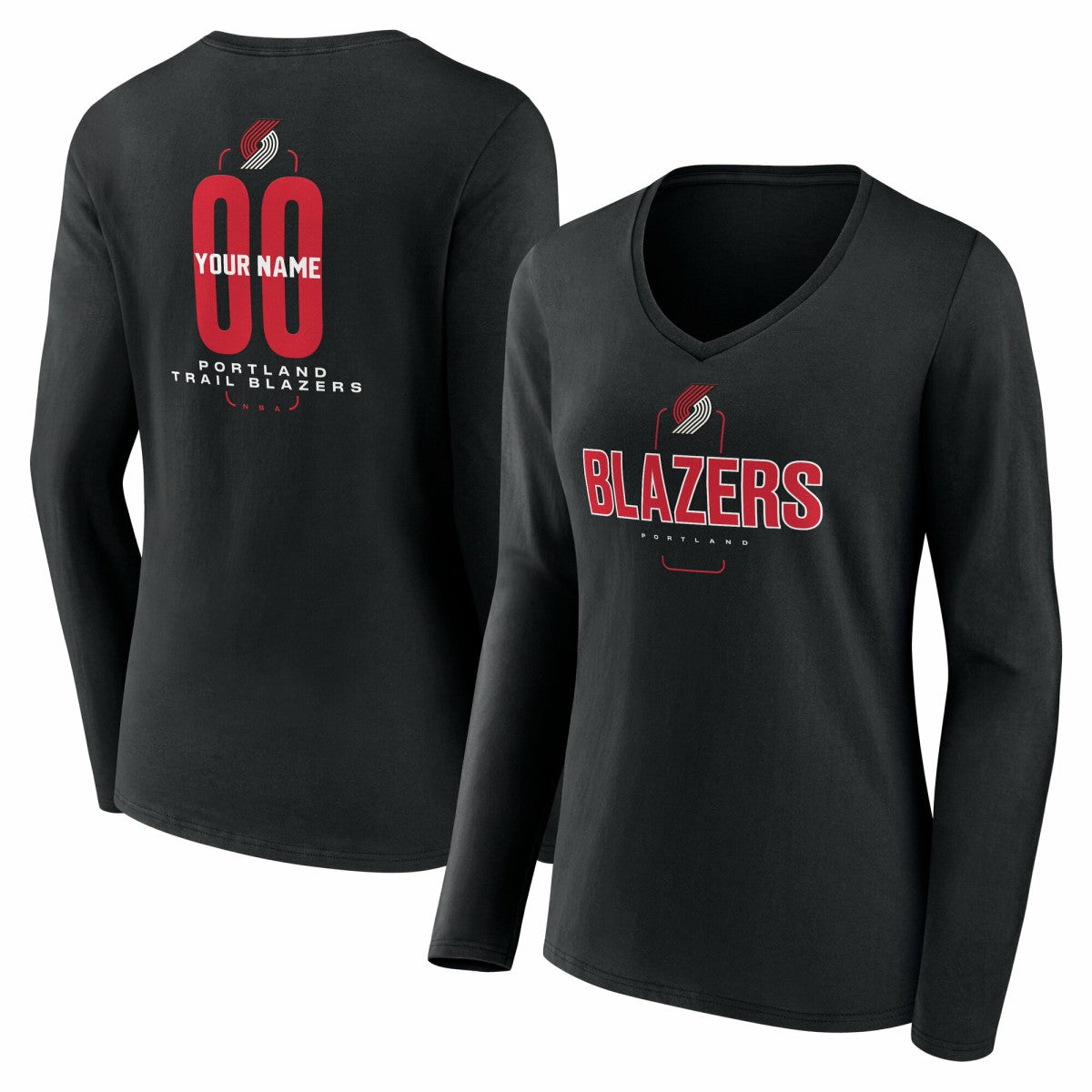 NBA - Portland Trail Blazers Women's Center Court Name & Number Custom Long Sleeve V-Neck T-Shirt - Black