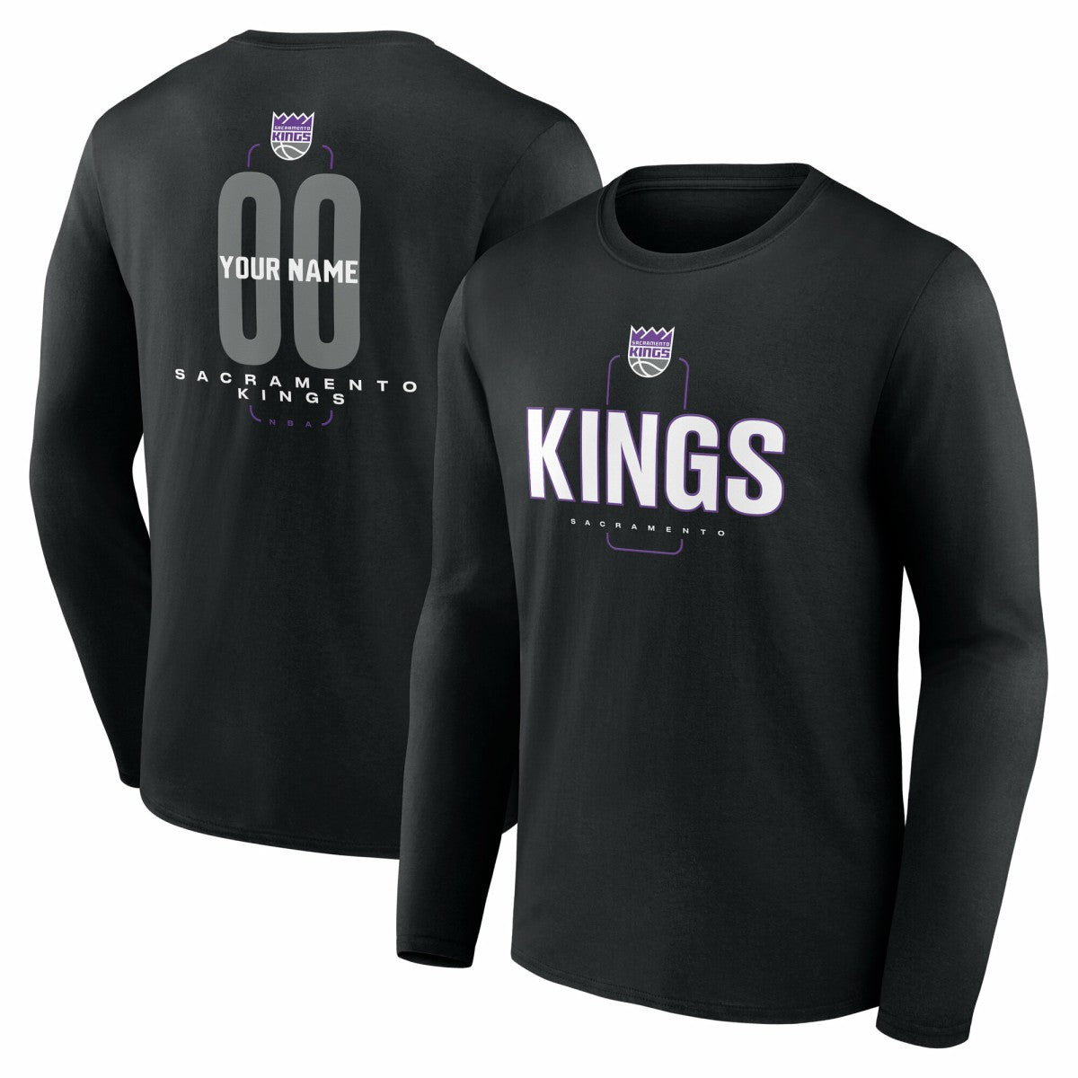 NBA - Sacramento Kings Center Court Name & Number Custom Long Sleeve T-Shirt - Black