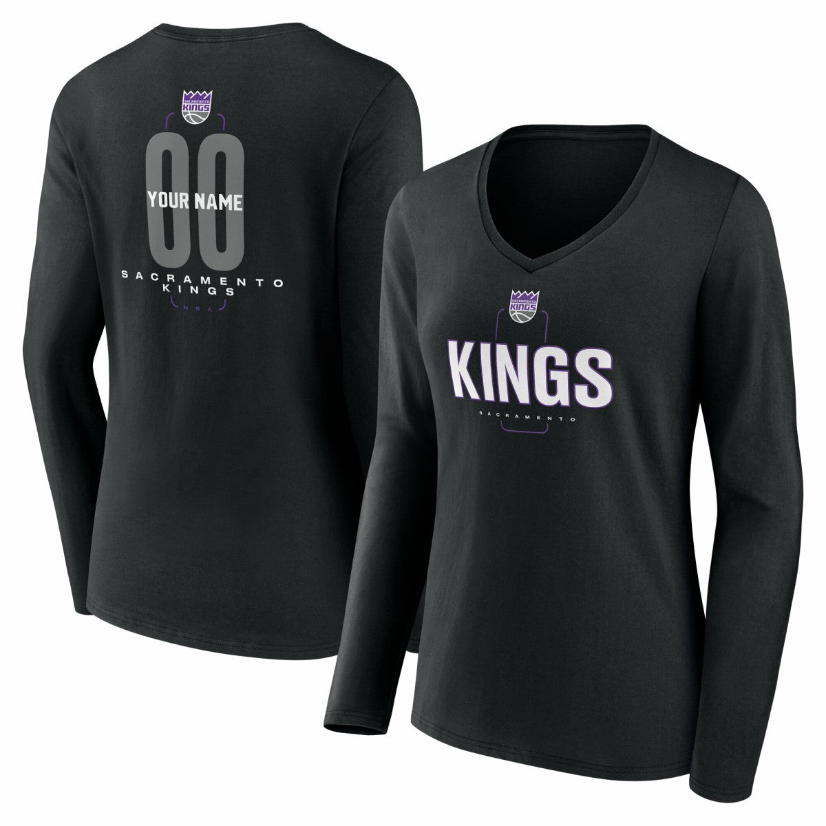 NBA - Sacramento Kings Women's Center Court Name & Number Custom Long Sleeve V-Neck T-Shirt - Black