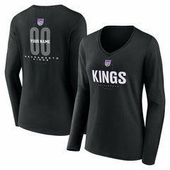 NBA - Sacramento Kings Women's Center Court Name & Number Custom Long Sleeve V-Neck T-Shirt - Black