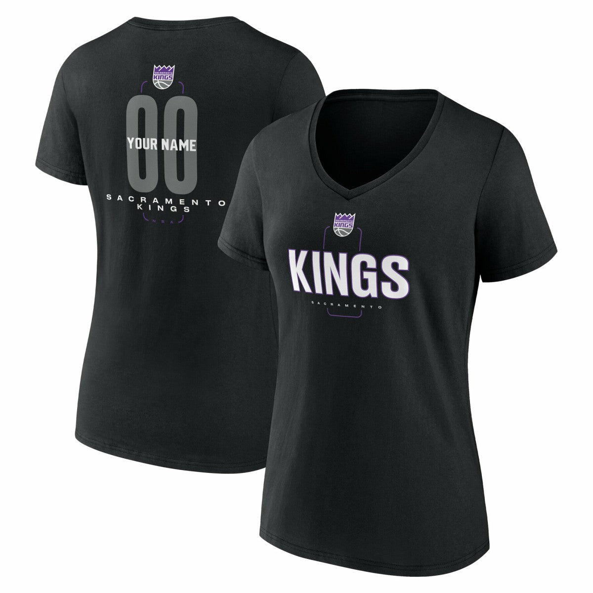 NBA - Sacramento Kings Women's Center Court Name & Number Custom V-Neck T-Shirt - Black
