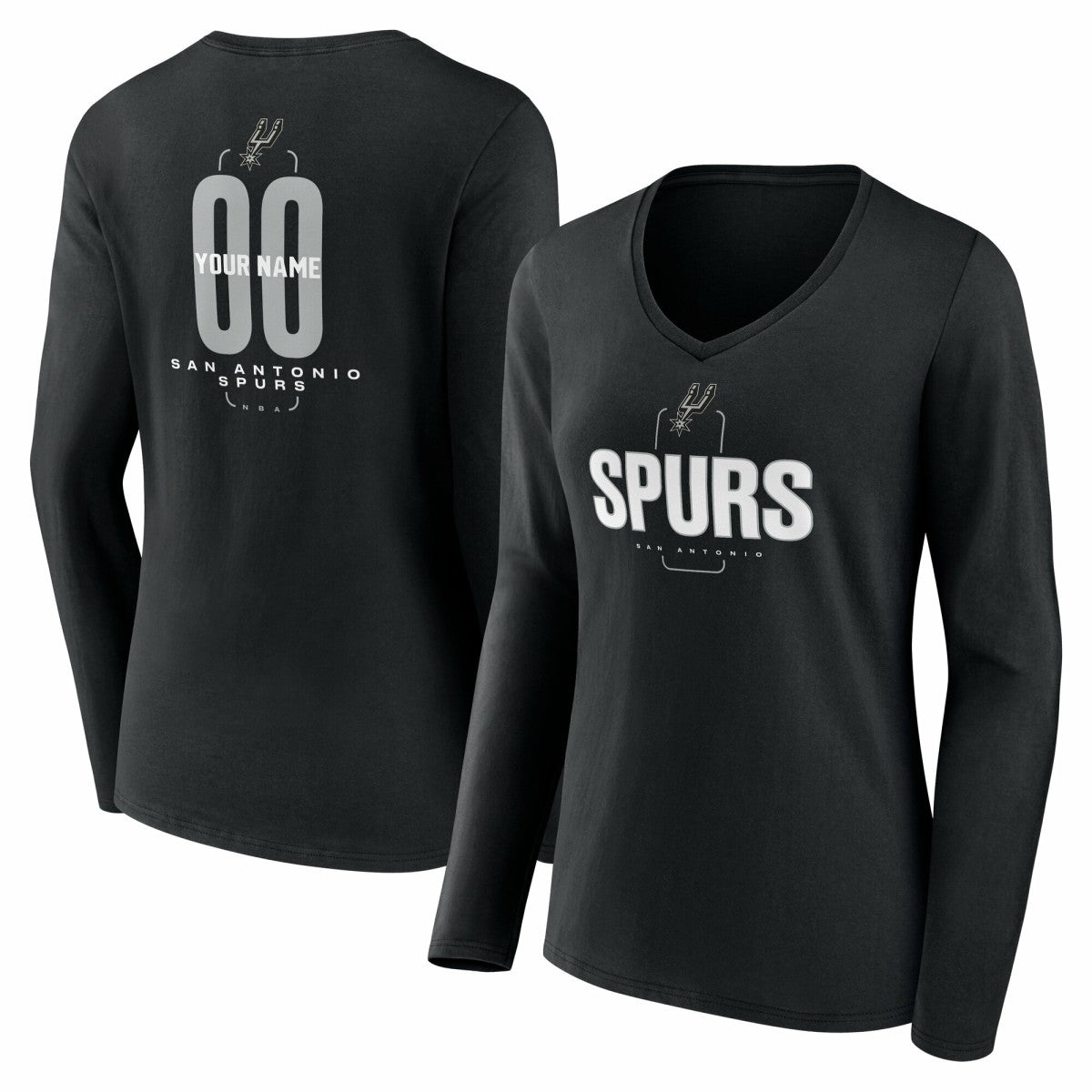 NBA - San Antonio Spurs Women's Center Court Name & Number Custom Long Sleeve V-Neck T-Shirt - Black