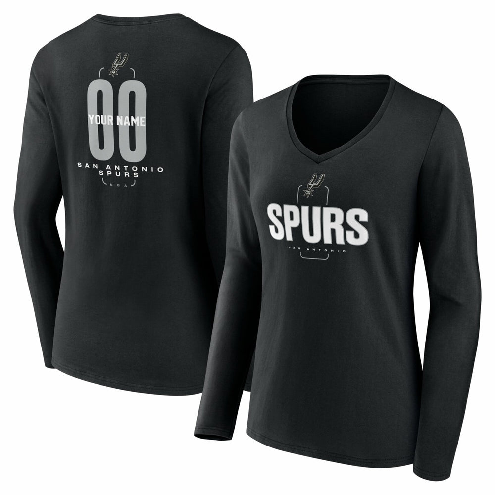 NBA - San Antonio Spurs Women's Center Court Name & Number Custom Long Sleeve V-Neck T-Shirt - Black