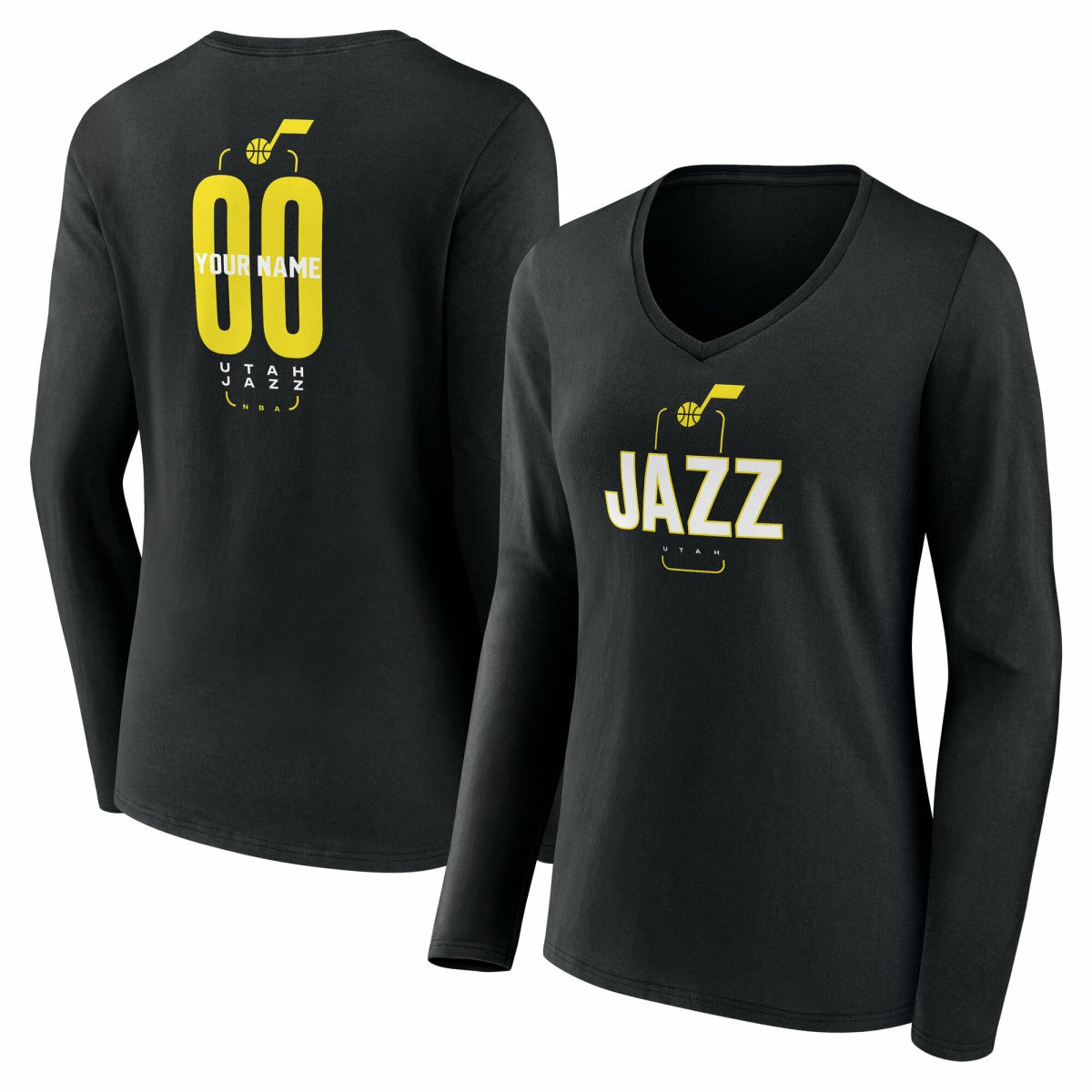 NBA - Utah Jazz Women's Center Court Name & Number Custom Long Sleeve V-Neck T-Shirt - Black