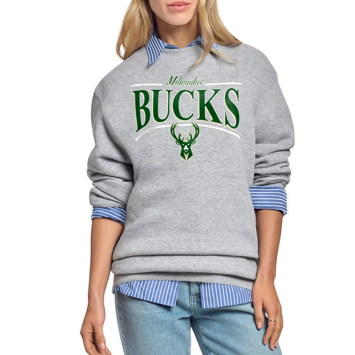 NBA - Milwaukee Bucks Starter Women's Arch Stripe Fleece Crewneck Sweatshirt - Gray