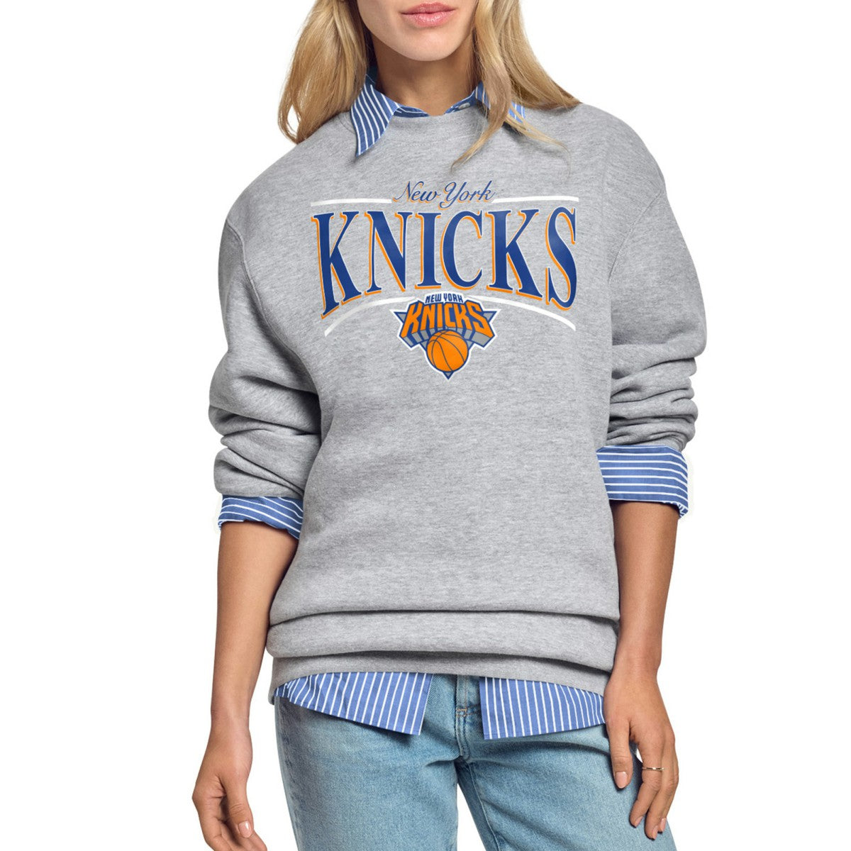 NBA - New York Knicks Starter Women's Arch Stripe Fleece Crewneck Sweatshirt - Gray