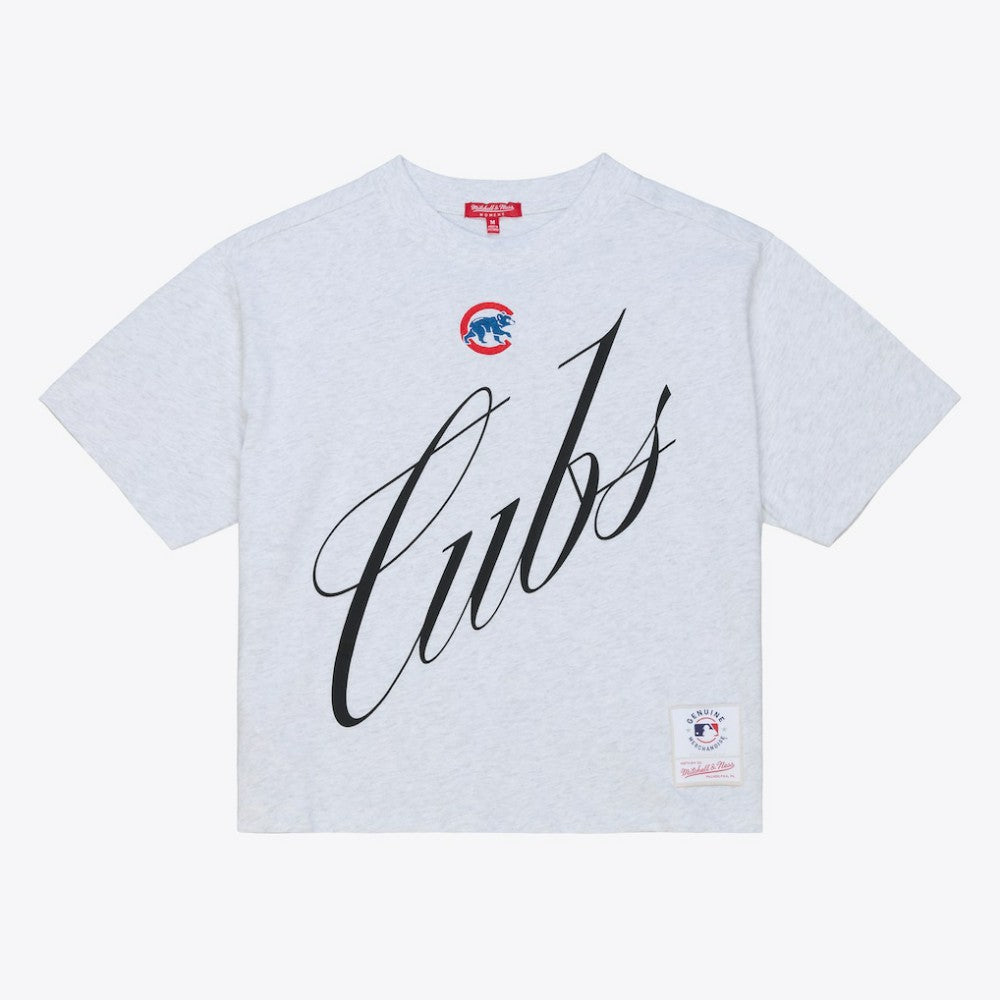 Chicago Cubs Mitchell & Ness Women's Script Cropped Boxy T-Shirt Lifestyle