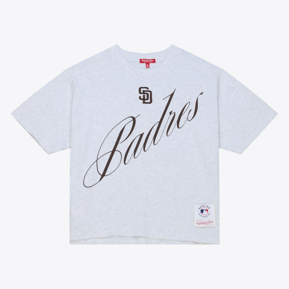 San Diego Padres Mitchell & Ness Women's Script Cropped Boxy T-Shirt Lifestyle