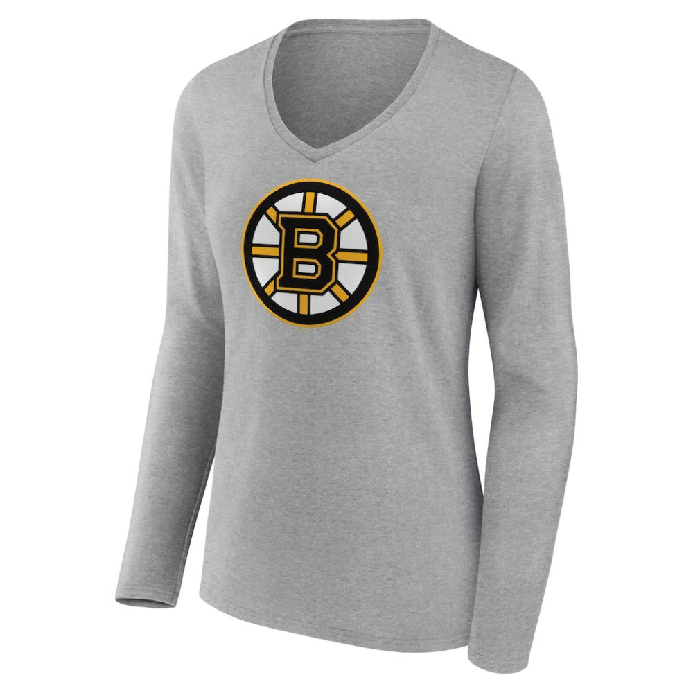 Boston Bruins Women's Primary Logo Long Sleeve V-Neck T-Shirt Gray