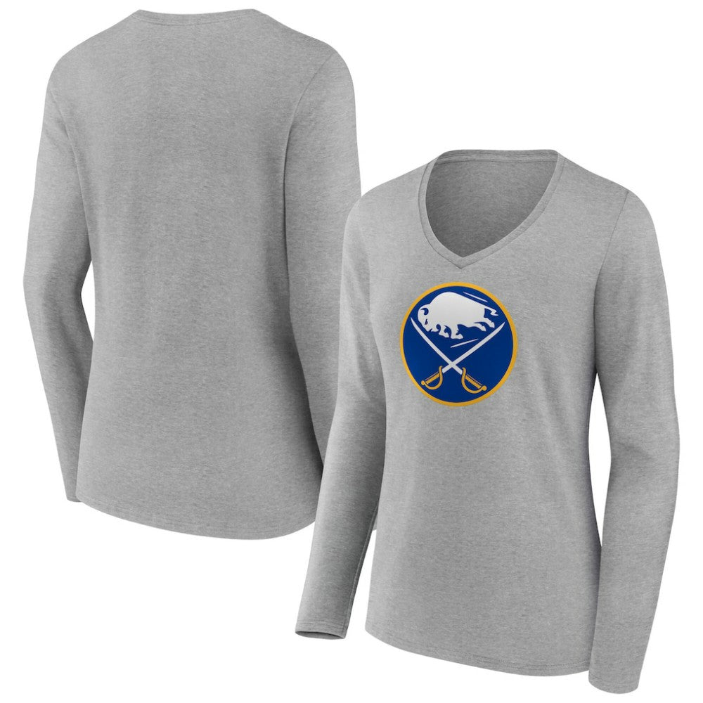 Buffalo Sabres - Women's Primary Logo Long Sleeve V-Neck T-Shirt Gray