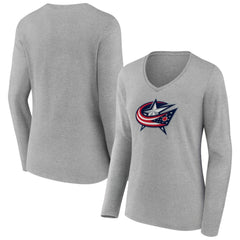 Columbus Blue Jackets - Women's Primary Logo Long Sleeve V-Neck T-Shirt Gray