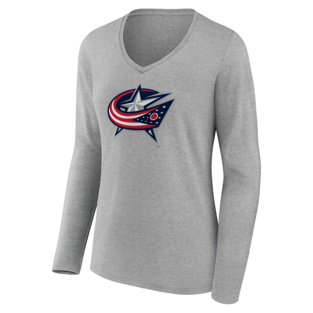 Columbus Blue Jackets - Women's Primary Logo Long Sleeve V-Neck T-Shirt Gray
