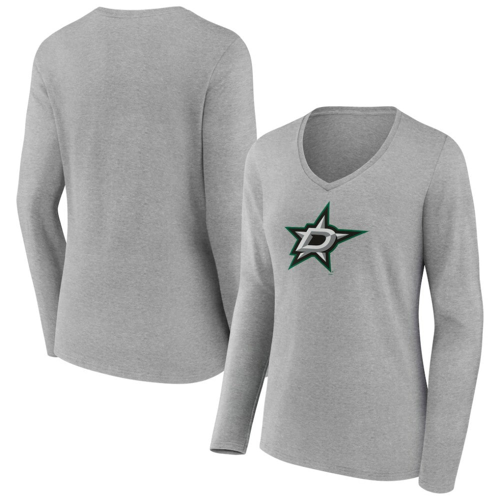 Dallas Stars - Women's Primary Logo Long Sleeve V-Neck T-Shirt Gray