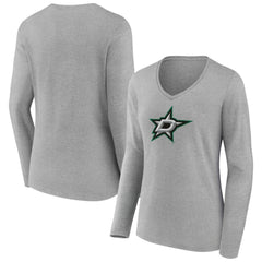 Dallas Stars - Women's Primary Logo Long Sleeve V-Neck T-Shirt Gray