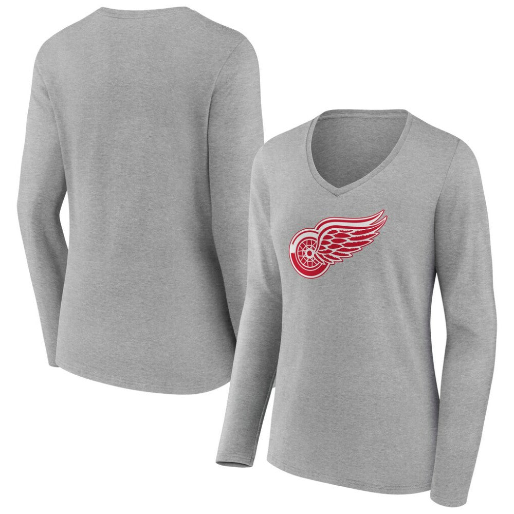 Detroit Red Wings - Women's Primary Logo Long Sleeve V-Neck T-Shirt Gray