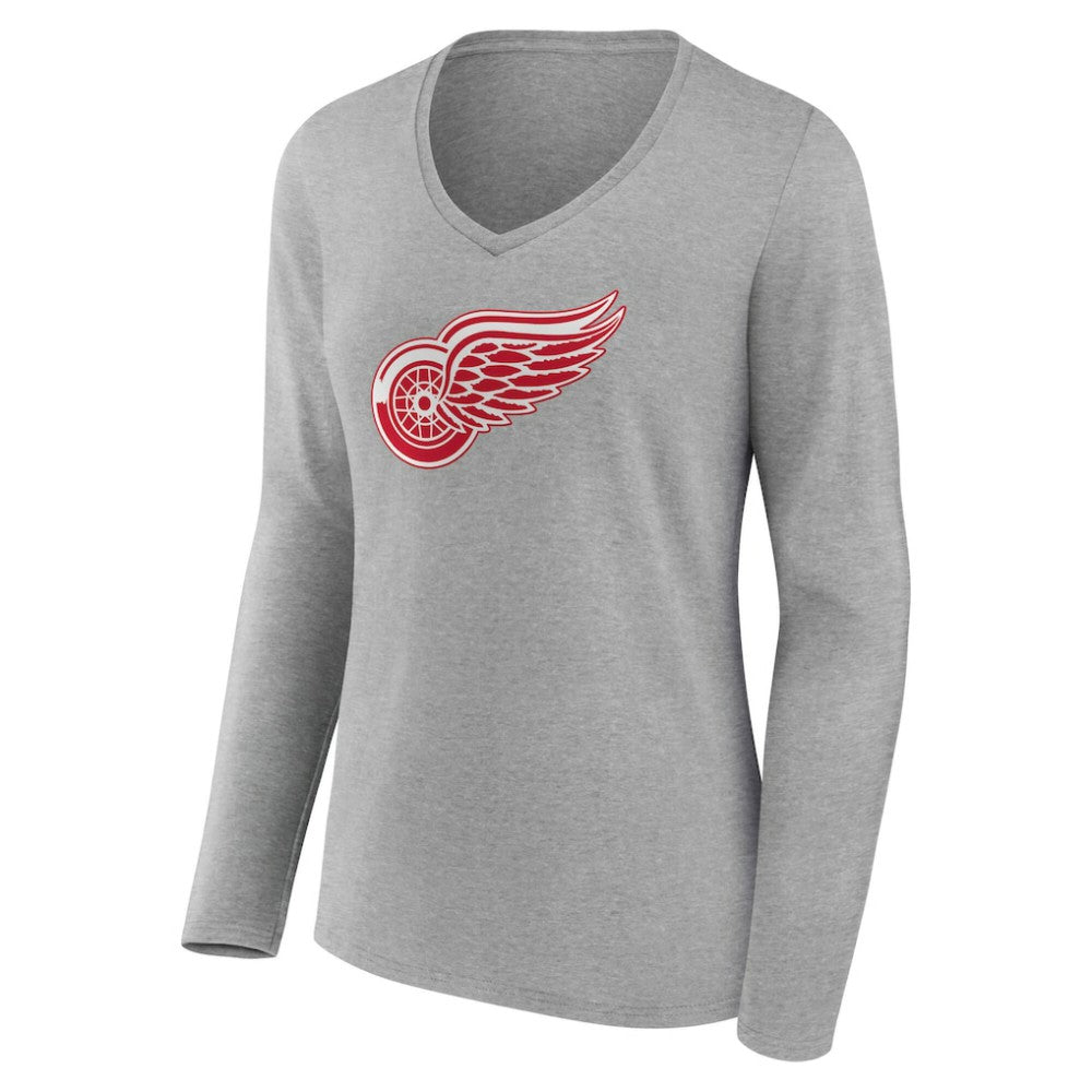 Detroit Red Wings - Women's Primary Logo Long Sleeve V-Neck T-Shirt Gray