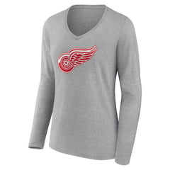 Detroit Red Wings - Women's Primary Logo Long Sleeve V-Neck T-Shirt Gray