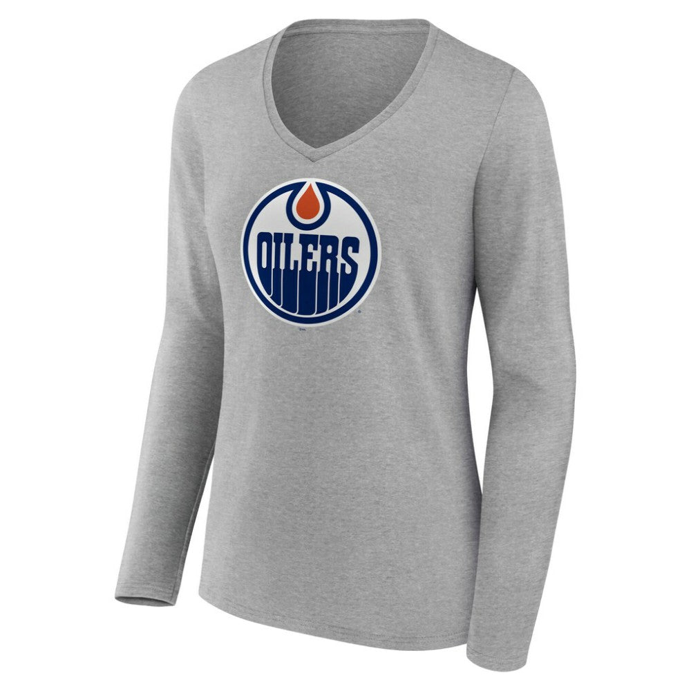 Edmonton Oilers - Women's Primary Logo Long Sleeve V-Neck T-Shirt Gray