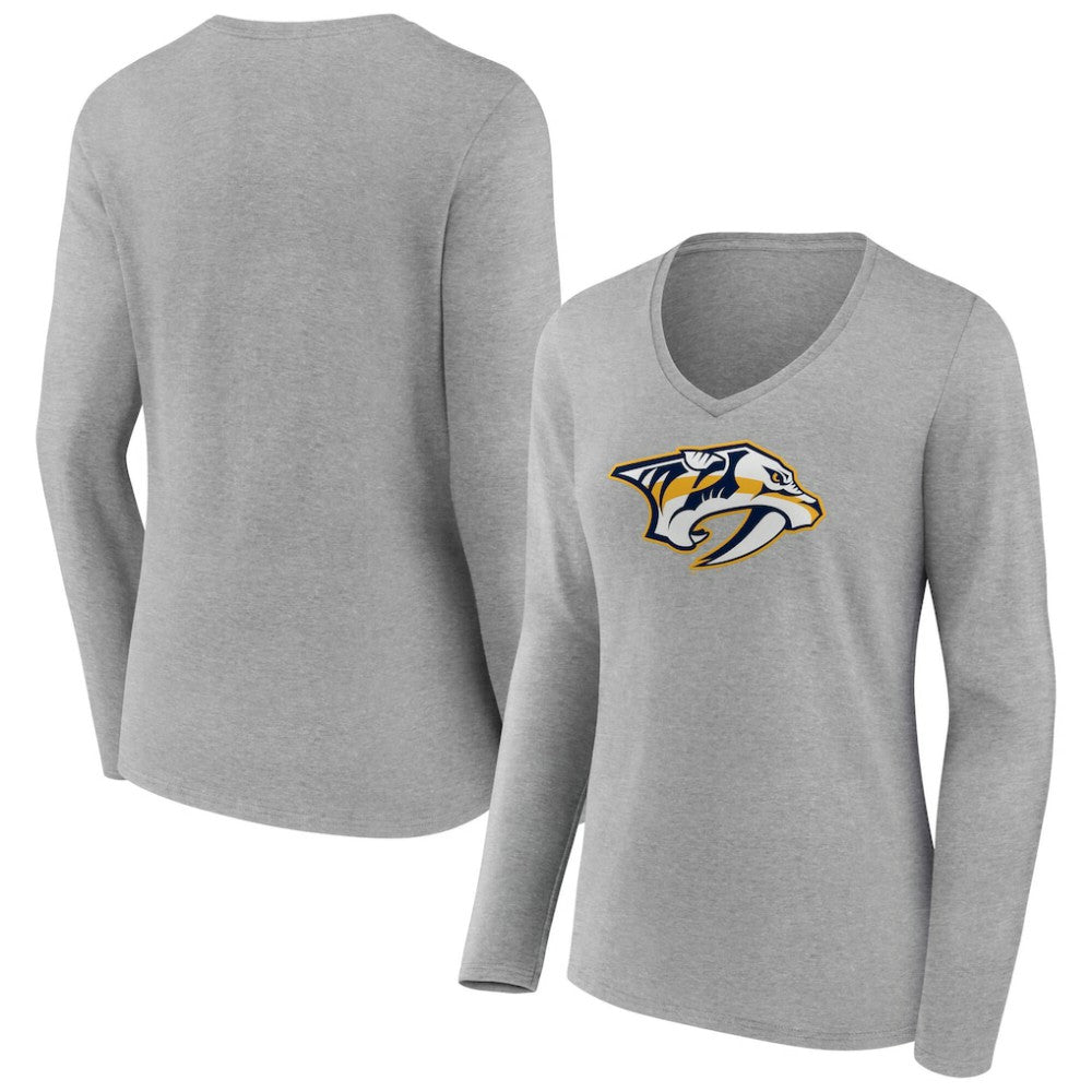 Nashville Predators - Women's Primary Logo Long Sleeve V-Neck T-Shirt Gray