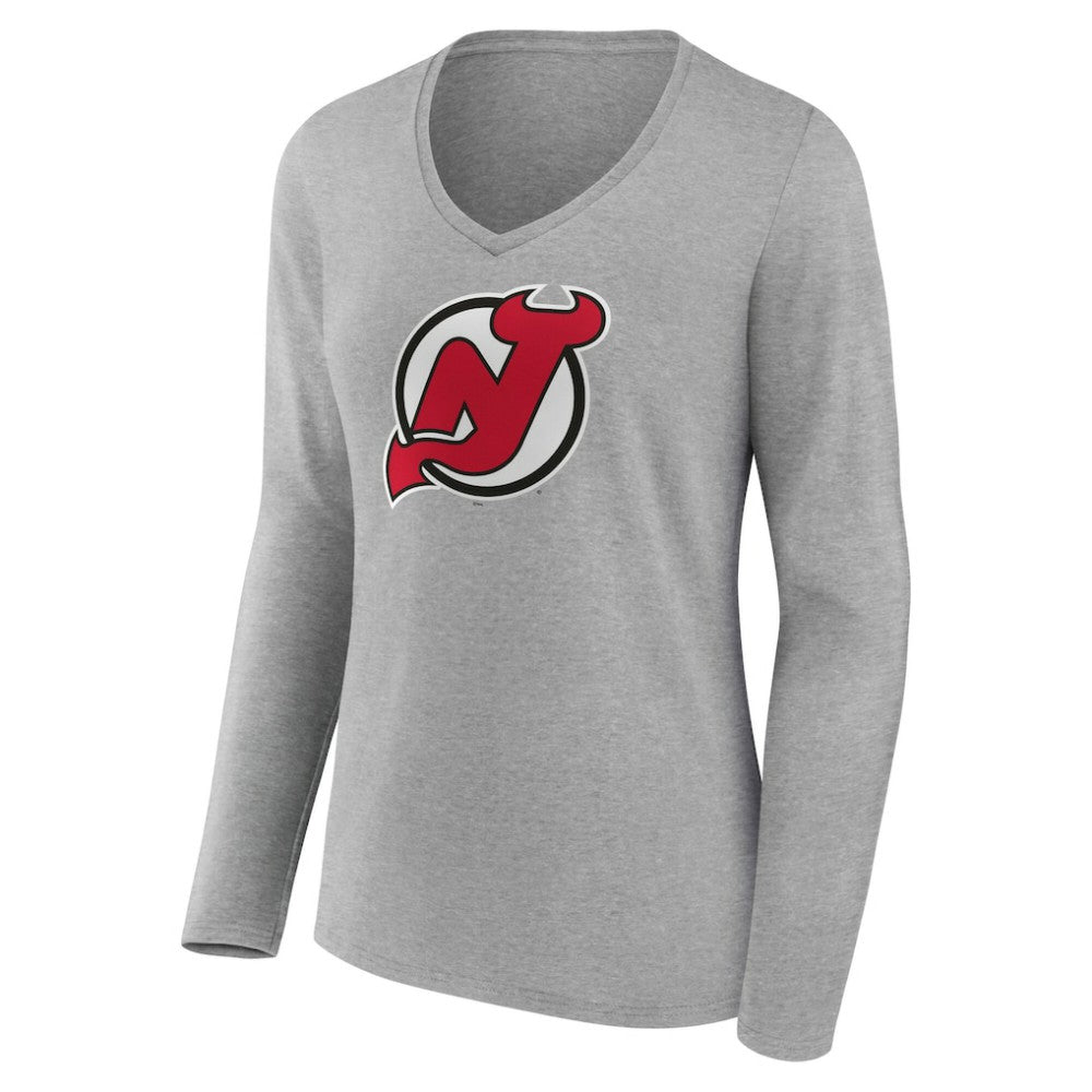 New Jersey Devils - Women's Primary Logo Long Sleeve V-Neck T-Shirt Gray
