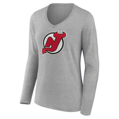 New Jersey Devils - Women's Primary Logo Long Sleeve V-Neck T-Shirt Gray