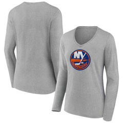 New York Islanders - Women's Primary Logo Long Sleeve V-Neck T-Shirt Gray