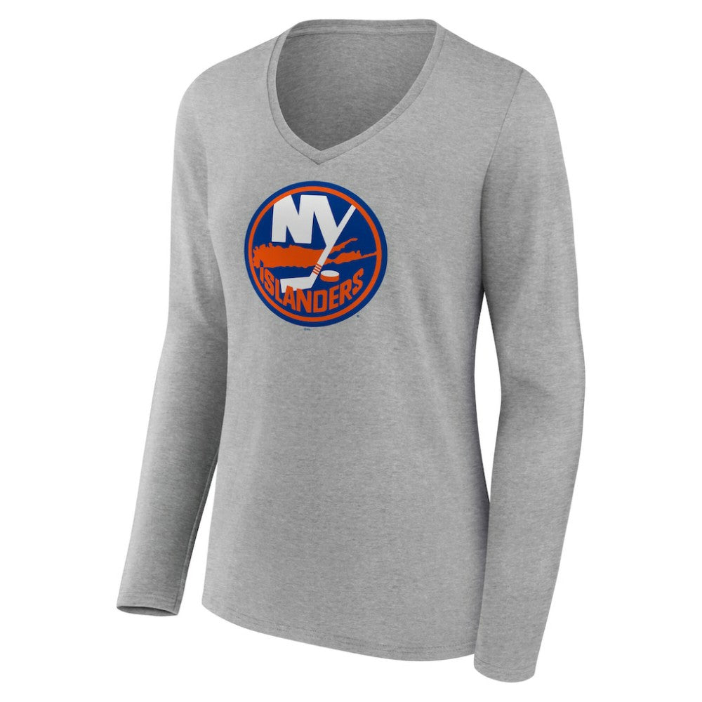 New York Islanders - Women's Primary Logo Long Sleeve V-Neck T-Shirt Gray