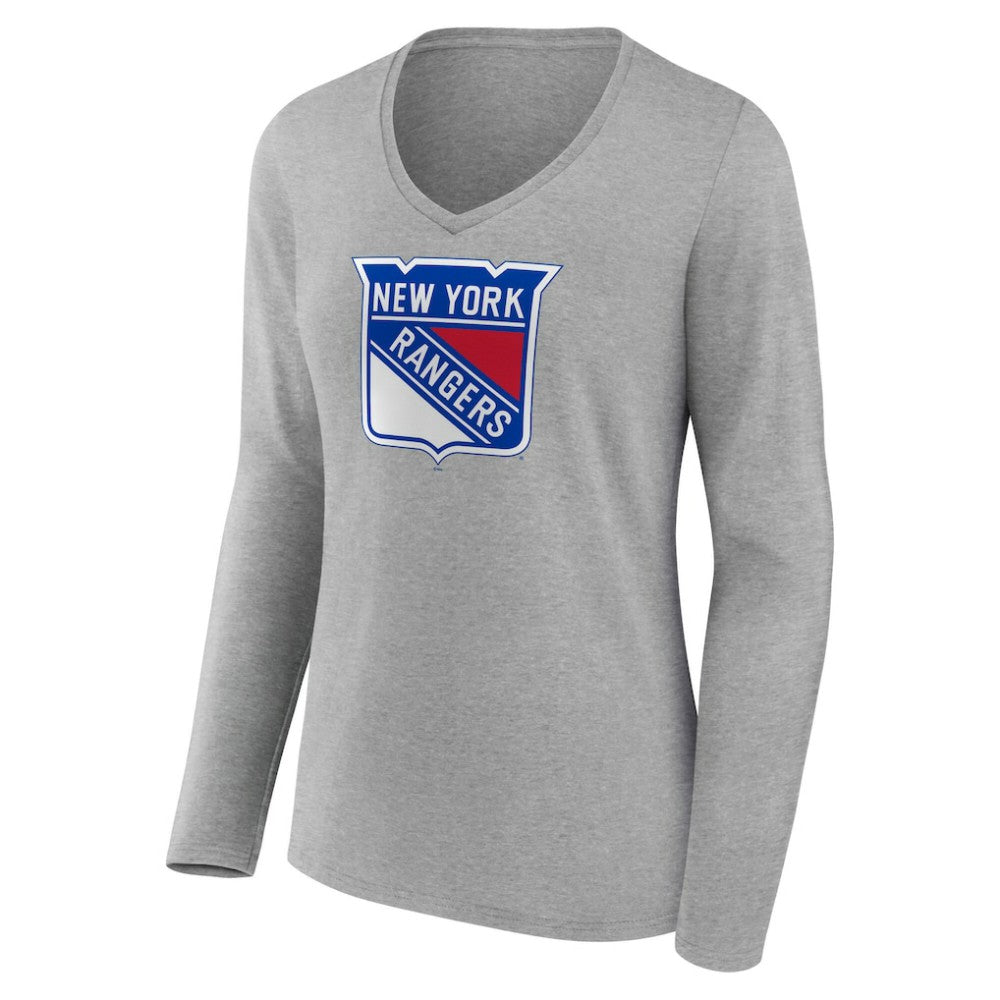 New York Rangers Women's Primary Logo Long Sleeve V-Neck T-Shirt Gray