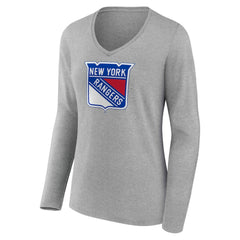 New York Rangers Women's Primary Logo Long Sleeve V-Neck T-Shirt Gray