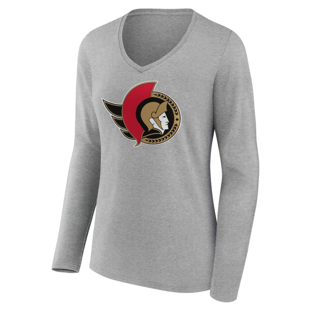 Ottawa Senators - Women's Primary Logo Long Sleeve V-Neck T-Shirt Gray