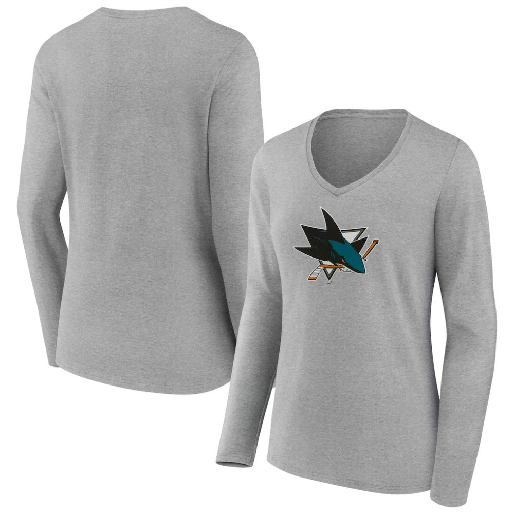 San Jose Sharks - Women's Primary Logo Long Sleeve V-Neck T-Shirt Gray