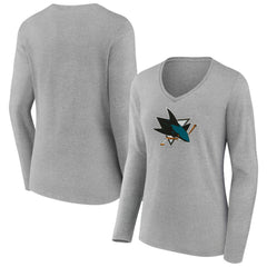 San Jose Sharks - Women's Primary Logo Long Sleeve V-Neck T-Shirt Gray