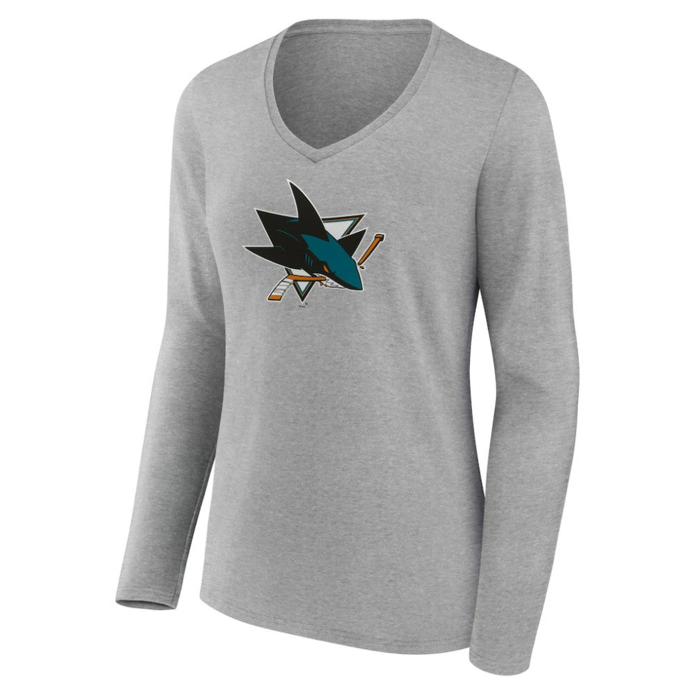 San Jose Sharks - Women's Primary Logo Long Sleeve V-Neck T-Shirt Gray