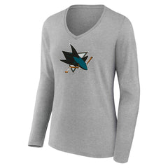San Jose Sharks - Women's Primary Logo Long Sleeve V-Neck T-Shirt Gray