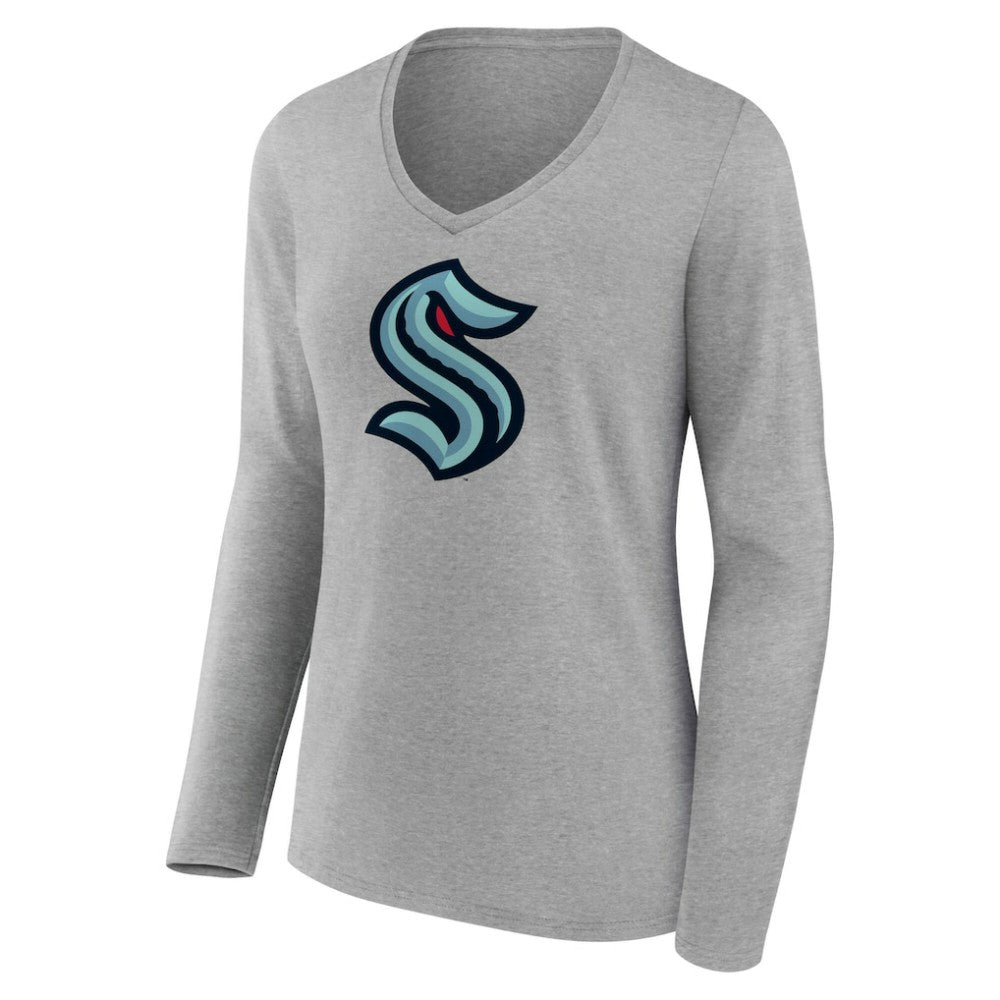 Seattle Kraken Women's Primary Logo Long Sleeve V-Neck T-Shirt Gray
