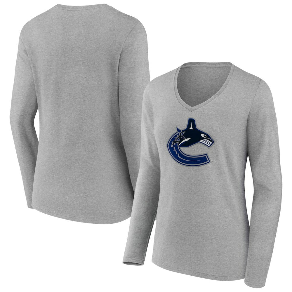 Vancouver Canucks - Women's Primary Logo Long Sleeve V-Neck T-Shirt Gray
