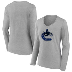 Vancouver Canucks - Women's Primary Logo Long Sleeve V-Neck T-Shirt Gray
