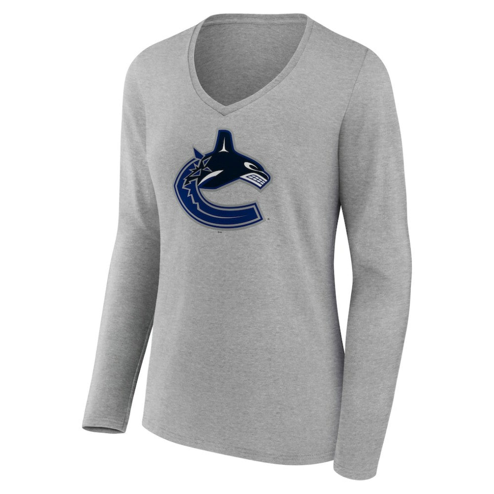 Vancouver Canucks - Women's Primary Logo Long Sleeve V-Neck T-Shirt Gray