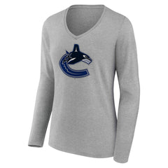 Vancouver Canucks - Women's Primary Logo Long Sleeve V-Neck T-Shirt Gray