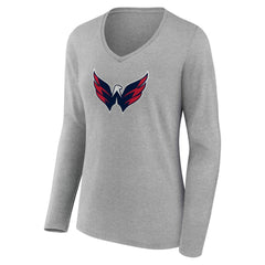 Washington Capitals Women's Primary Logo Long Sleeve V-Neck T-Shirt Gray