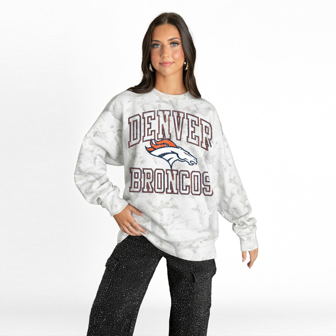 Denver Broncos Gameday Couture Women's Whiteout Oversized Premium Fleece Sweatshirt Arctic Camo - NFL