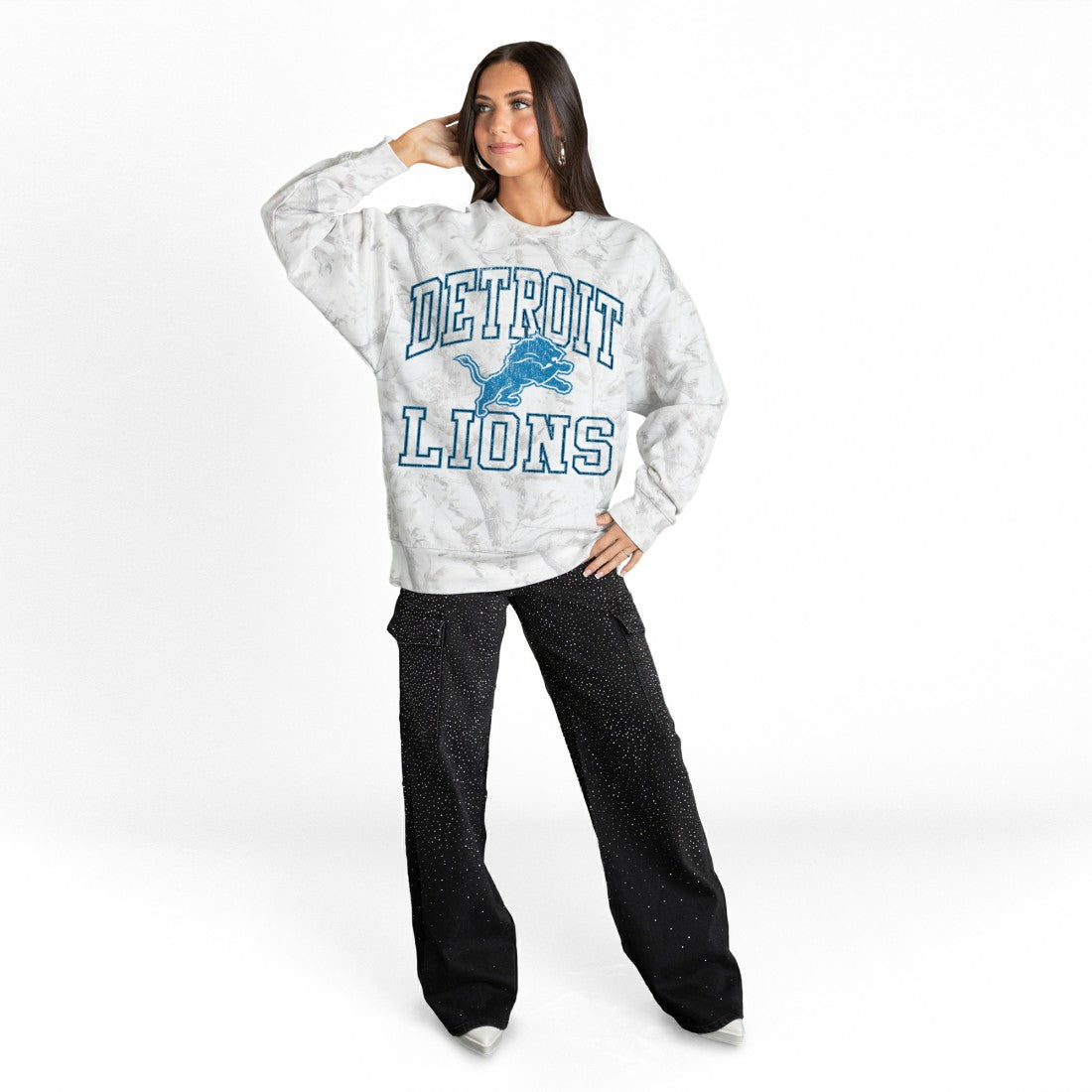Detroit Lions Gameday Couture Women's Whiteout Oversized Premium Fleece Sweatshirt Arctic Camo - NFL