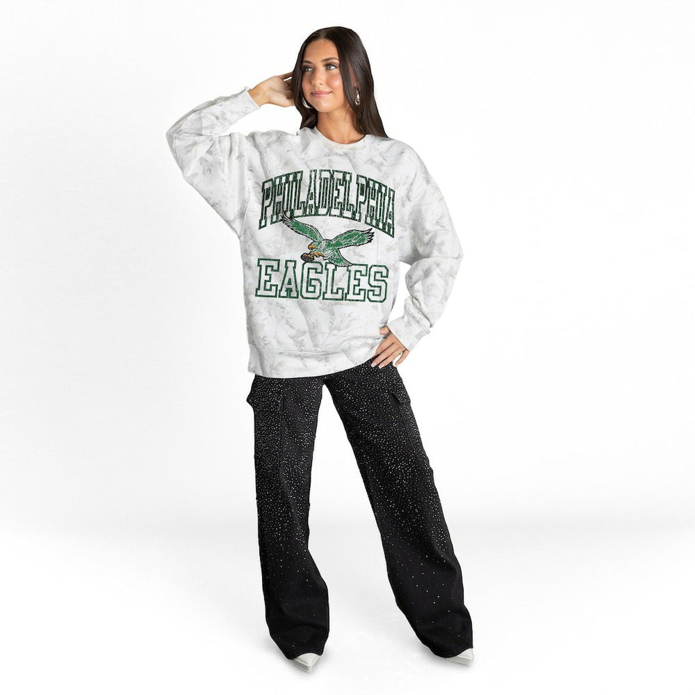 Philadelphia Eagles Gameday Couture Women's Whiteout Oversized Premium Fleece Sweatshirt Arctic Camo - NFL