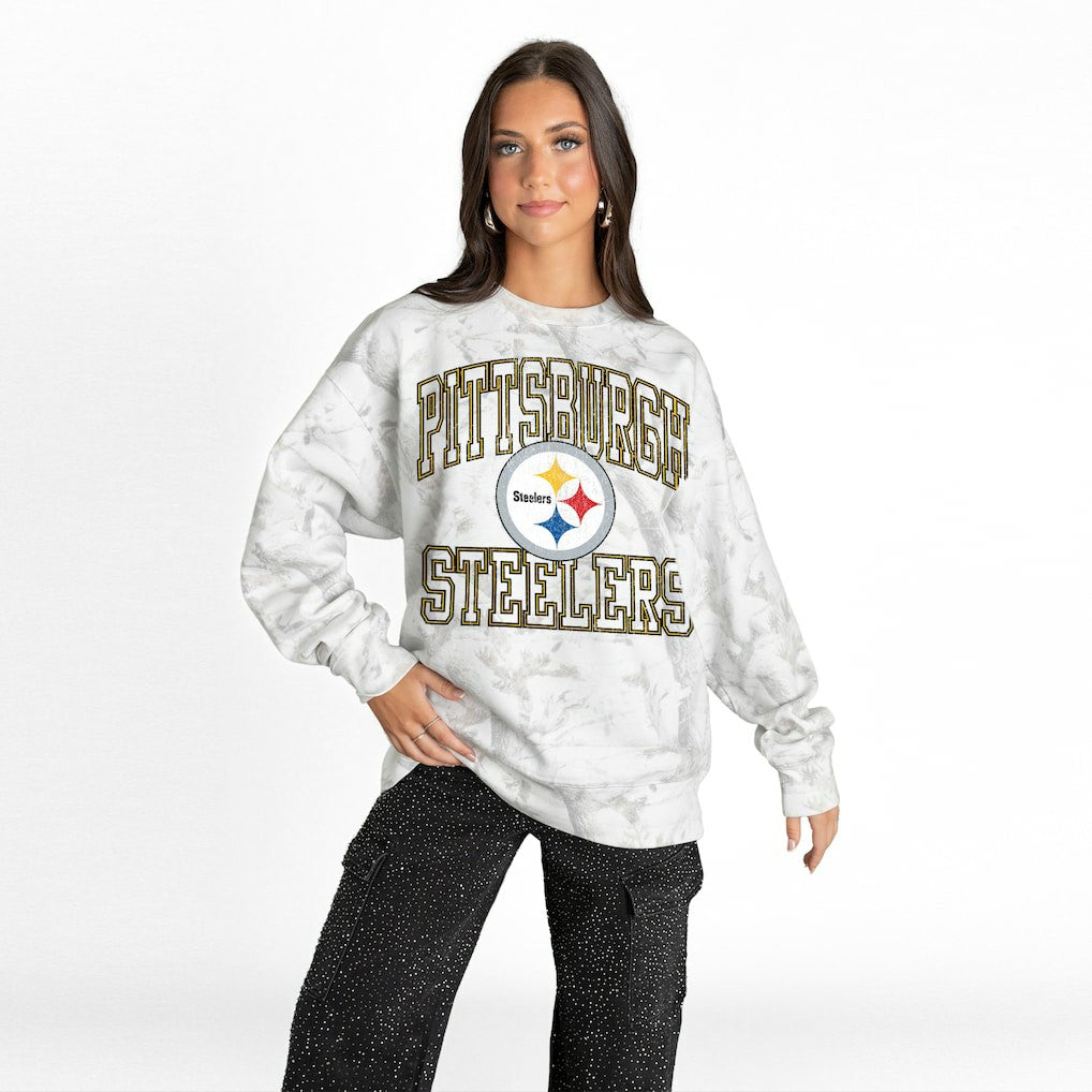 Pittsburgh Steelers Gameday Couture Women's Whiteout Oversized Premium Fleece Sweatshirt Arctic Camo - NFL