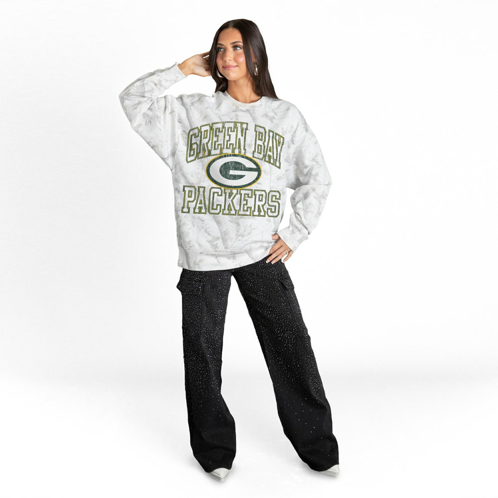 Green Bay Packers Gameday Couture Women's Whiteout Oversized Premium Fleece Sweatshirt Arctic Camo - NFL